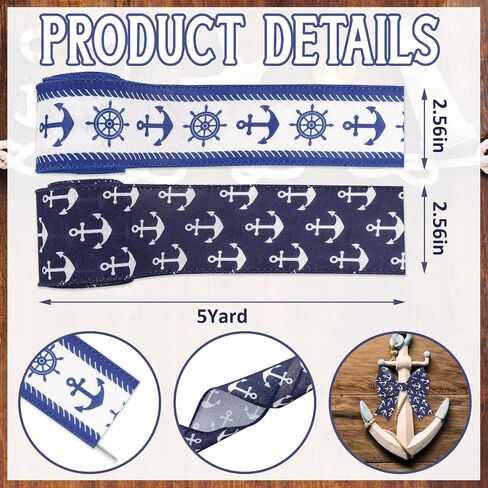 Nautical Wired Ribbon 2.5 Inch Navy Blue White Stripes Anchor Ribbon for Bow Wreath Craft Gift Wrap Summer Holiday Wedding Baby Shower Birthday Party Decor in Saudi Arabia