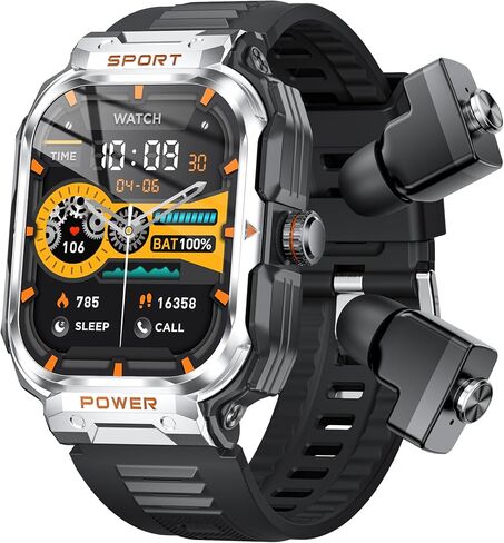 Military Smart Watch with Earbuds for Men(Call Receive/Dial), 2.01" HD Outdoor Tactical Rugged, Sports Fitness Tracker with Step,Calories,Sleep Monitor,Heart Rate Monitor for iPhone Android in Saudi Arabia