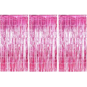3 Pack 3.3 x 6.6 ft Pink Foil Fringe Curtains, Metallic Tinsel Curtain Backdrop for Parties, Door Wall Streamers, Glitter Streamer for Birthday, Photo Booth Props, Christmas Party Decor