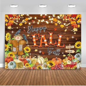 Mocsicka 7x5ft Happy Fall Y'all Backdrop Autumn Harvest Holiday Thanksgiving Happy Fall Party Decorations Pumpkin Maple Leaf Wood Birthday Baby Shower Banner Photo Props