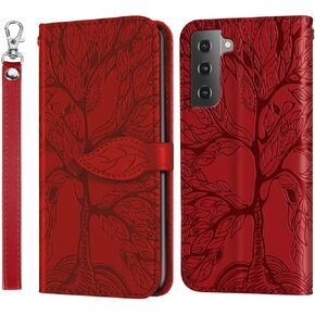 for Samsung Galaxy S23 5G Wallet Case, Embossed Tree Premium PU Leather [Kickstand] [Card Slots] [Wrist Strap] [6.1 inch] Phone Cover for Samsung S23 (B1-Black)