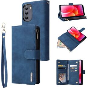 LBYZCASE for Moto G Stylus |2022| 4G Case with Card Holder,Durable Luxury Magnetic Folio Flip Leather Zipper Pocket Wrist Strap Kickstand Women Men for Motorola Moto G Stylus(2022) 4G,Blue