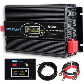 2000W Pure Sine Wave Inverter 12V DC to 120V AC Converter for Home,RV, Truck, Off-Grid Solar Power Inverter 12V to 110V with Built-in 5V/3.4A USB/Hardwire Port, Remote Controller