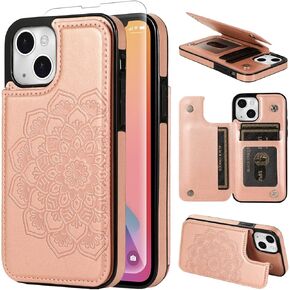 Compatible with iPhone 13 Wallet Case 6.1inch Tempered Glass Screen Protector Card Holder Slots Kickstand Cover Flip Leather Phone Cases for iPhone13 i 5G i-Phone i13 iPhone13case 13s Purple