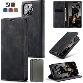 for iPhone 13 Pro Max Case,Business Retro Faux Leather Flip Wallet Phone Case with Two Pieces of Anti-Peeping Protective Glass, Suitable for Men and Women(Black)