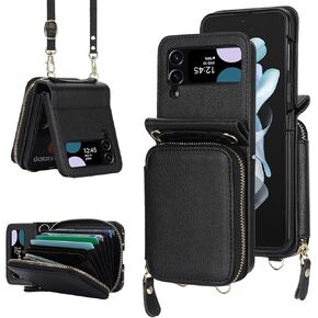 for Samsung Galaxy Z Flip 5 Wallet Case with RFID Blocking, Z Flip 5 Phone Case with Crossbody Strap Card Holder Women Girls PU Leather Z Flip 5 Purse Wallet Protective Case White