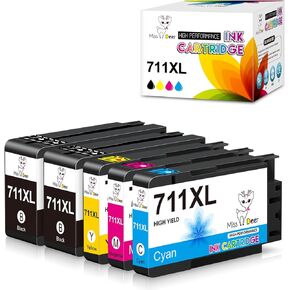 Miss Deer 711XL Designjet Ink Cartridge(CZ133A) Replacement for 711 XL 711XL,Work for DesignJet T120 24-in Printer T520 24-in Printer DesignJet T520 36-in Printer,80-ml (2BK, 1C, 1M, 1Y)