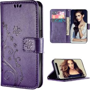 Case Compatible with iPhone 13 Pro,Convertible Stand Flowers Wallet Case for Women and Girls with Card Holder,Floral Protective Leather Flip Case-Embossed Flowers Purple
