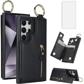 Asuwish Phone Case for Samsung Galaxy S24 Ultra 5G Wallet with Screen Protector and Cell Accessories Stand Zipper Cash Card Holder Slot Ring Flip Protective S24Ultra 24S S 24 24Ultra Women Men Black
