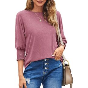 Bluetime Womens Crew Neck 3/4 Sleeve Tops Loose Fit Shirts Casual Solid Basic Tees Shirt Blouses