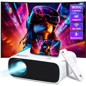 جهاز عرض مزود بواي فاي وبلوتوث، جهاز عرض أفلام أصلي 1080 بكسل يدعم 4K، جهاز عرض خارجي 18000 لتر، شاشة 200 بوصة، جهاز عرض فيديو متوافق مع Android/iOS/الكمبيوتر المحمول/HDMI/USB (أسود) in Kuwait