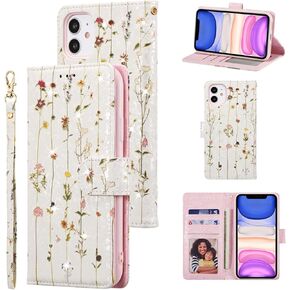 UEEBAI Wallet Case for iPhone 12/iPhone 12 Pro 6.1 inch, PU Leather Case Kickstand RFID Blocking Flip Case Card Slots Wrist Strap Relief Engraved Pattern Magnetic Closure Folio Case, Purple Rose