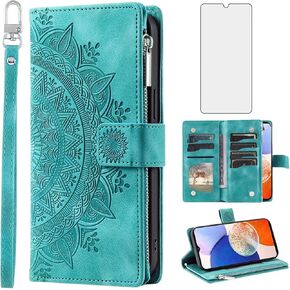 Phone Case for Samsung Galaxy S23 FE 5G Wallet Cover With Tempered Glass Screen Protector and Wrist Strap Mandala Flower Flip Zipper Credit Card Holder Cell S 23 EF S23FE5G S23FE G5 Women Blue1