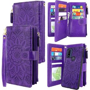 Harryshell Detachable Magnetic Zipper Wallet Leather Case with Cash Coin Pocket 12 Card Slots Holder Wrist Strap Lanyard for Motorola Moto G Pure/Moto G Power (2022) Flower (Purple)