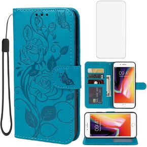 Case for iPhone SE 2022/SE 3 2022/iPhone SE 2020/iPhone 7/iPhone 8 Wallet Case with Tempered Glass Screen Protector, Flower Leather Flip Credit Card Holder Stand Phone Cover for iPhone 8 Green