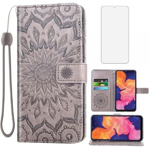 Phone Case for Samsung Galaxy A10e Wallet Cases with Tempered Glass Screen Protector and Leather Magnetic Flip Cover Card Holder Stand Cell Accessories Glaxay A 10e Gaxaly 10ae S102DL Women Men Gray