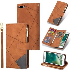 UEEBAI Wallet Case for iPhone 7 Plus iPhone 8 Plus, Vintage Premium PU Leather Cover Flip Case with Card Slots Magnetic Closure Zipper Pocket Kickstand Handbag with Hand Strap - Brown