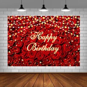 Lofaris Red Rose Flower Happy Birthday Backdrop Rose Floral Wall Adults Women Birthday Background Sweet 16 Happy 30th 40th 50th Birthday Party Supplies Studio Booth Props 5x3ft