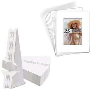Golden State Art, Self Stick Easel Back Display Sets 9 Inch, Double Wing- Pack of 25, Acid-Free 8x10 White Photo Mats with Backing Boards, Clear Bags for Photos, Crafts, Art Prints, DIY Projects