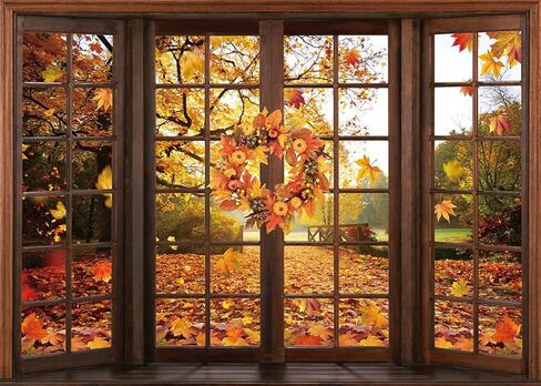 Fall Window Backdrop Autumn Forest Scene Maple Leaf Photography Background Fall Harvest Thanksgiving Day Kids Adults Baby Shower Birthday Party Decoration Photo Shoot Prop (7x5FT) in Saudi Arabia