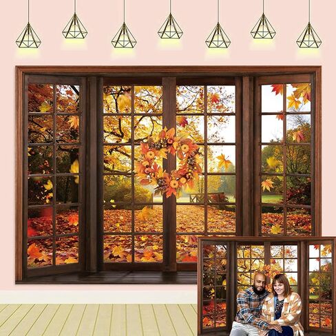 Fall Window Backdrop Autumn Forest Scene Maple Leaf Photography Background Fall Harvest Thanksgiving Day Kids Adults Baby Shower Birthday Party Decoration Photo Shoot Prop (7x5FT) in Saudi Arabia