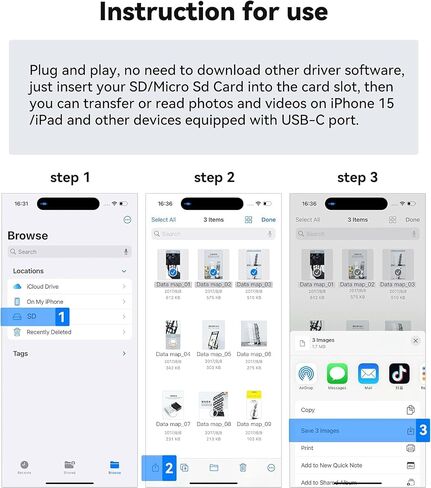 SD Card Reader USB-C for iPhone 15/Android/iPad/Mac Camera, SD TF Dual Card Slot 2 in 1 Digital Camera Viewer Sd Card Adapter HD Original Image sync for iPhone iPad Galaxy Pixel, Plug & Play Portable in Saudi Arabia