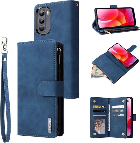 LBYZCASE for Moto G Stylus |2022| 4G Case with Card Holder,Durable Luxury Magnetic Folio Flip Leather Zipper Pocket Wrist Strap Kickstand Women Men for Motorola Moto G Stylus(2022) 4G,Blue in Saudi Arabia