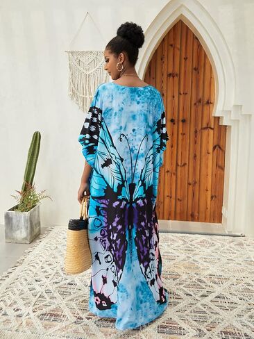 Colorful Geometry Kaftans Dress for Women Batwing Sleeve Caftan V-Neck Windmills Print Cover Up Loose Side Split Beach Dresses Plus Size Bikini Resort Swimwear Loungewear Mumu Dresses (AC-1126-7) in Saudi Arabia