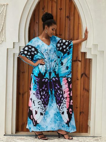 Colorful Geometry Kaftans Dress for Women Batwing Sleeve Caftan V-Neck Windmills Print Cover Up Loose Side Split Beach Dresses Plus Size Bikini Resort Swimwear Loungewear Mumu Dresses (AC-1126-7) in Saudi Arabia