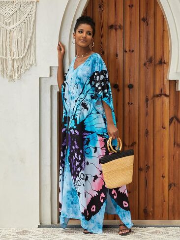 Colorful Geometry Kaftans Dress for Women Batwing Sleeve Caftan V-Neck Windmills Print Cover Up Loose Side Split Beach Dresses Plus Size Bikini Resort Swimwear Loungewear Mumu Dresses (AC-1126-7) in Saudi Arabia