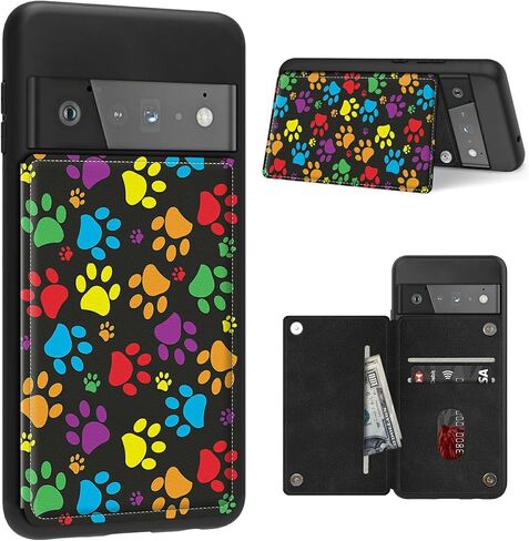 Case for Google Pixel 6 Pro with Card Holder Slot, PU Leather Wallet Kickstand Case, Double Magnetic Clasp and TPU Durable Shockproof Cover, Multicolor Dog Paw in Kuwait