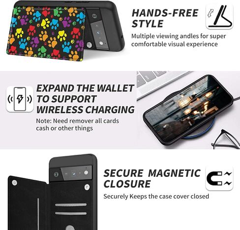 Case for Google Pixel 6 Pro with Card Holder Slot, PU Leather Wallet Kickstand Case, Double Magnetic Clasp and TPU Durable Shockproof Cover, Multicolor Dog Paw in Kuwait