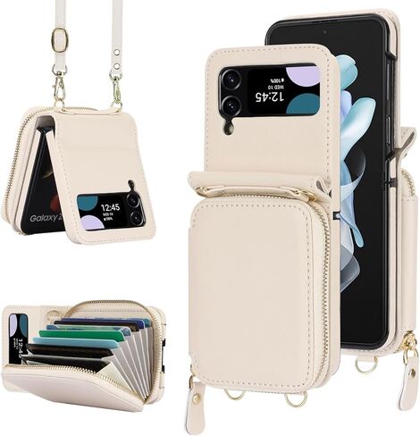حافظة محفظة لهاتف Samsung Galaxy Z Flip 5 مع خاصية حجب RFID، حافظة هاتف Z Flip 5 مع حزام كروس وحامل بطاقات للنساء والفتيات من جلد البولي يوريثان Z Flip 5 محفظة واقية باللون الأبيض in Kuwait