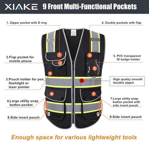 XIAKE 9 Pockets Class 2 High Visibility Reflective Safety Vest for Men Women Work Construction Vest in Saudi Arabia