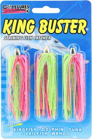 C&H، King Buster Lure، تنورة مايلر لؤلؤية قزحية/حمراء، رأس 1/8 أونصة / 3.5 جم، 2.5 بوصة / 6.35 سم، 3 قطع in Kuwait