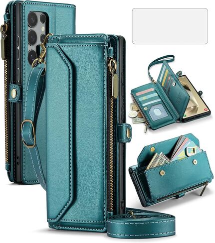 Asuwish Phone Case for Samsung Galaxy S24 Ultra 5G Zipper Wallet Cover with Tempered Glass Screen Protector and Leather Flip RFID Blocking Card Holder Cell S24Ultra 24S S 24 24Ultra Women Girls Green in Saudi Arabia