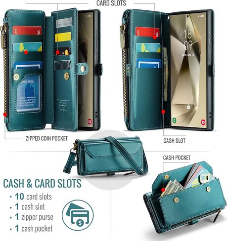 Asuwish Phone Case for Samsung Galaxy S24 Ultra 5G Zipper Wallet Cover with Tempered Glass Screen Protector and Leather Flip RFID Blocking Card Holder Cell S24Ultra 24S S 24 24Ultra Women Girls Green in Saudi Arabia