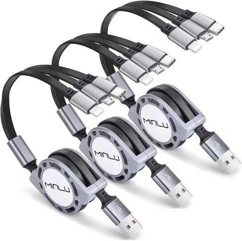 Retractable Charging Cable 3A, 3Pack 4Ft Multi Charging Cable Multi Fast Charger Cable 3 in 1 Multi USB Cable with IP/Type C/Micro USB Port for Cell Phones/Tablets/Samsung Galaxy/LG/Huawei/PS & More in Saudi Arabia