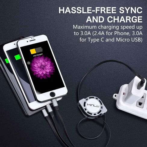 Retractable Charging Cable 3A, 3Pack 4Ft Multi Charging Cable Multi Fast Charger Cable 3 in 1 Multi USB Cable with IP/Type C/Micro USB Port for Cell Phones/Tablets/Samsung Galaxy/LG/Huawei/PS & More in Saudi Arabia