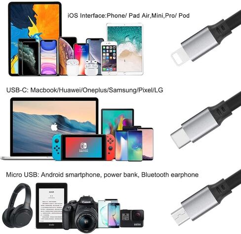 Retractable Charging Cable 3A, 3Pack 4Ft Multi Charging Cable Multi Fast Charger Cable 3 in 1 Multi USB Cable with IP/Type C/Micro USB Port for Cell Phones/Tablets/Samsung Galaxy/LG/Huawei/PS & More in Saudi Arabia