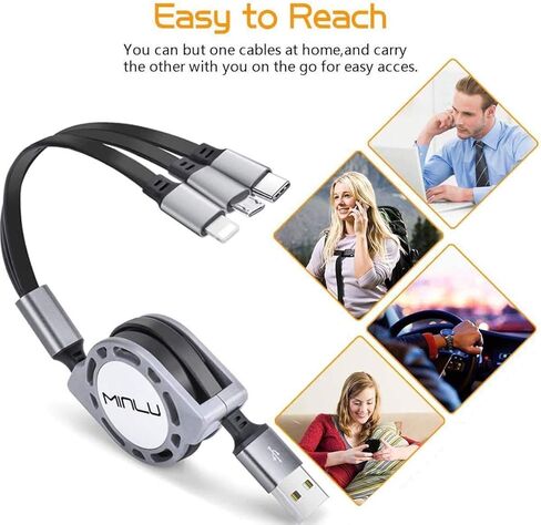 Retractable Charging Cable 3A, 3Pack 4Ft Multi Charging Cable Multi Fast Charger Cable 3 in 1 Multi USB Cable with IP/Type C/Micro USB Port for Cell Phones/Tablets/Samsung Galaxy/LG/Huawei/PS & More in Saudi Arabia