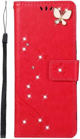 متوافق مع حافظة سامسونج جالاكسي S21 اللامعة مع حامل البطاقات، حافظة هاتف بمحفظة قلابة للنساء، حافظة واقية مضادة للصدمات على شكل فراشة كريستالية لهاتف سامسونج جالاكسي S21 5G، ذهبي وردي GY in Kuwait