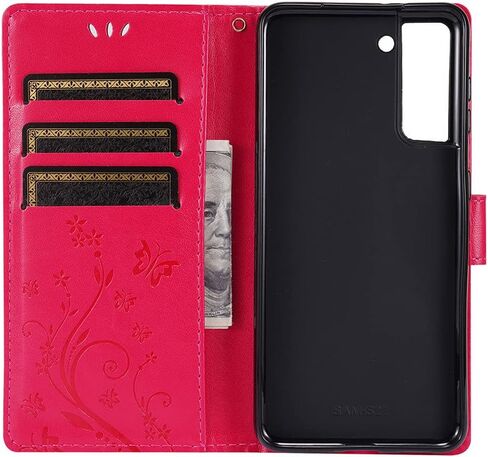 متوافق مع حافظة سامسونج جالاكسي S21 اللامعة مع حامل البطاقات، حافظة هاتف بمحفظة قلابة للنساء، حافظة واقية مضادة للصدمات على شكل فراشة كريستالية لهاتف سامسونج جالاكسي S21 5G، ذهبي وردي GY in Kuwait