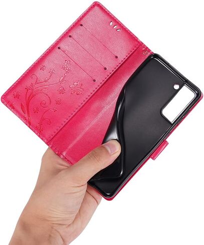 متوافق مع حافظة سامسونج جالاكسي S21 اللامعة مع حامل البطاقات، حافظة هاتف بمحفظة قلابة للنساء، حافظة واقية مضادة للصدمات على شكل فراشة كريستالية لهاتف سامسونج جالاكسي S21 5G، ذهبي وردي GY in Kuwait