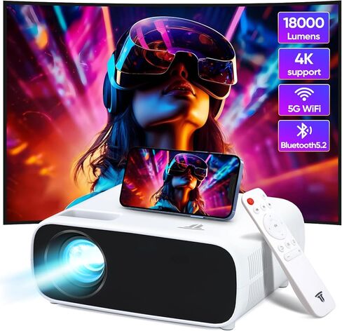 جهاز عرض مزود بواي فاي وبلوتوث، جهاز عرض أفلام أصلي 1080 بكسل يدعم 4K، جهاز عرض خارجي 18000 لتر، شاشة 200 بوصة، جهاز عرض فيديو متوافق مع Android/iOS/الكمبيوتر المحمول/HDMI/USB (أسود) in Kuwait