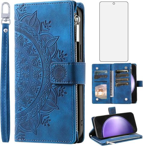 Phone Case for Samsung Galaxy S23 FE 5G Wallet Cover With Tempered Glass Screen Protector and Wrist Strap Mandala Flower Flip Zipper Credit Card Holder Cell S 23 EF S23FE5G S23FE G5 Women Blue1 in Saudi Arabia