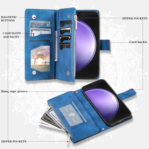 Phone Case for Samsung Galaxy S23 FE 5G Wallet Cover With Tempered Glass Screen Protector and Wrist Strap Mandala Flower Flip Zipper Credit Card Holder Cell S 23 EF S23FE5G S23FE G5 Women Blue1 in Saudi Arabia