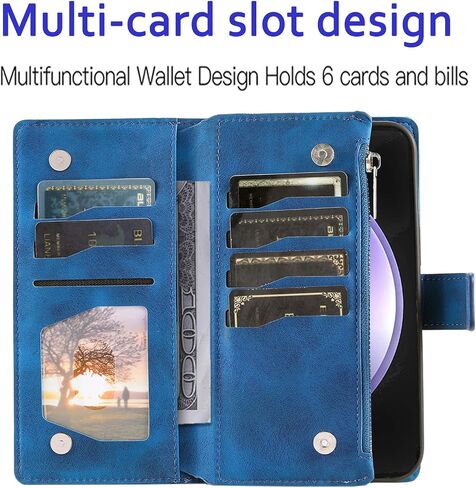 Phone Case for Samsung Galaxy S23 FE 5G Wallet Cover With Tempered Glass Screen Protector and Wrist Strap Mandala Flower Flip Zipper Credit Card Holder Cell S 23 EF S23FE5G S23FE G5 Women Blue1 in Saudi Arabia