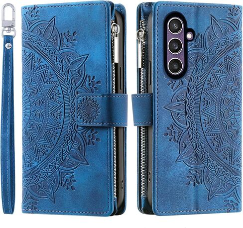 Phone Case for Samsung Galaxy S23 FE 5G Wallet Cover With Tempered Glass Screen Protector and Wrist Strap Mandala Flower Flip Zipper Credit Card Holder Cell S 23 EF S23FE5G S23FE G5 Women Blue1 in Saudi Arabia
