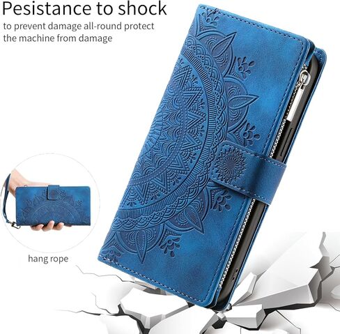 Phone Case for Samsung Galaxy S23 FE 5G Wallet Cover With Tempered Glass Screen Protector and Wrist Strap Mandala Flower Flip Zipper Credit Card Holder Cell S 23 EF S23FE5G S23FE G5 Women Blue1 in Saudi Arabia